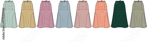 Collection of elegant midi dresses with gathered waist details in various pastel and muted colors
