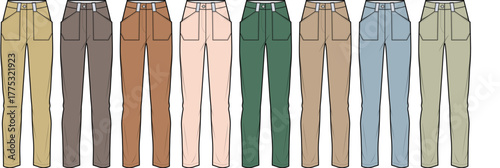 Vector illustration of straight-leg pants with a diverse color palette. Technical flat fashion sketch for apparel collection templates