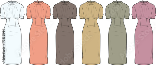 Fashion illustration of six elegant women's midi dresses with puff sleeves and cinched waists, showcasing a diverse color palette for modern apparel design and development