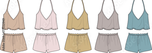 Vector illustration of five distinct women's pajama sets, including ruffled camisole tops and matching elastic-waist shorts in soft, muted color palettes, ideal for comfort