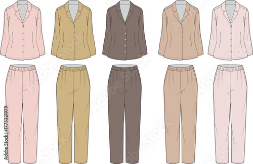 Women's sleepwear and loungewear sets. Comfortable long-sleeved tops and matching pants in soft, muted colors, designed for ultimate relaxation and cozy home wear