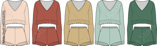Fashionable women's two-piece loungewear with a V-neck long-sleeve crop top and matching shorts, illustrated in a palette of modern and cozy colors for relaxation