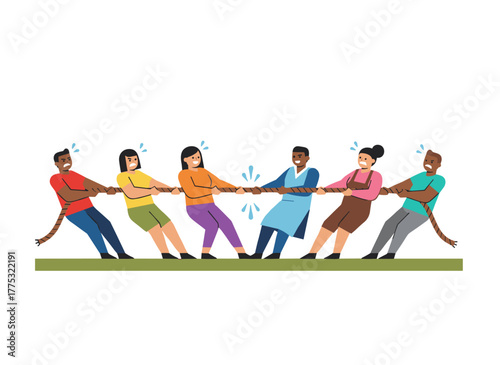 Two teams of office workers tugging at opposite ends of a rope against a white backdrop, illustrating business competition in a flat cartoon vector style