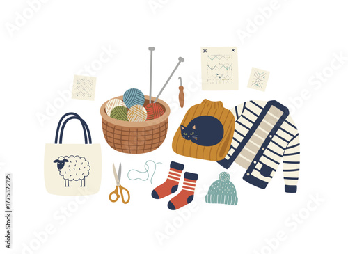 A flat cartoon vector illustration featuring a collection of winter knitted garments and tools set against a white background: a woolen jumper, cardigan, scarf, hat, mittens, socks, needles, hook