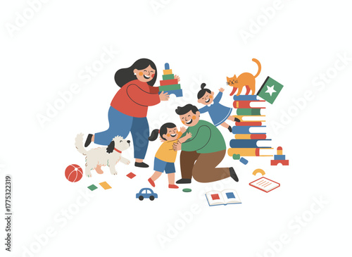 A bewildered, unhappy mother is surrounded by her cute, mischievous children leaping around her in a modern, flat cartoon colorful vector illustration
