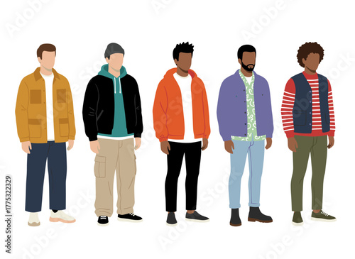 Illustration of a group of young men in stylish attire against a white backdrop, showcasing trendy streetwear in a flat, colorful vector style