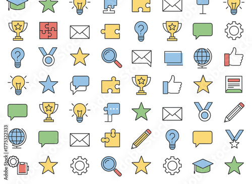 A monochrome seamless pattern featuring puzzles, riddles, a quiz tournament or competition, a knowledge test, and clever game elements, rendered as a linear-style vector illustration suitable for