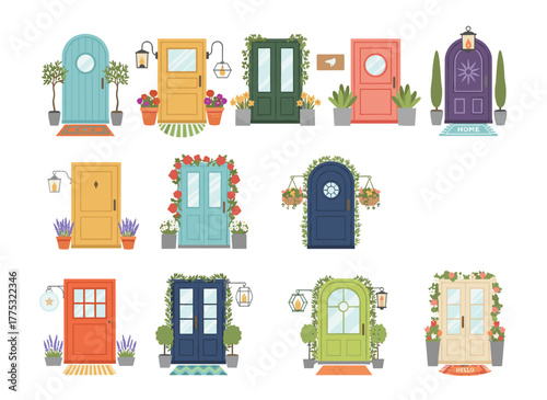 A collection of varied house entrances, porches, and closed doors, featuring apartment entries adorned with potted plants, mats, lamps, and letterboxes, rendered as a colored flat vector illustration