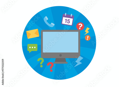 A flat vector illustration of a cartoon computer monitor overloaded with internet notifications—letters, calls, text messages, and emails—set against a modern device backdrop with a focused desktop