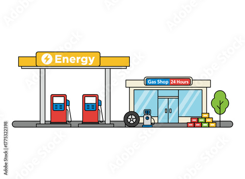 Flat vector illustration of a cartoon gas station