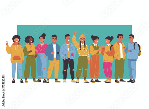 A vibrant cartoon illustration of a line of smiling teenage boys and girls—students, pupils, or millennials—exuding youthful joy in a flat, colorful vector style