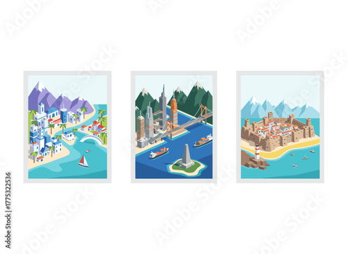 A compilation of scenic window views from trains, planes, and ships overlooking stunning cities and urban vistas worldwide, rendered in a modern flat cartoon vector style