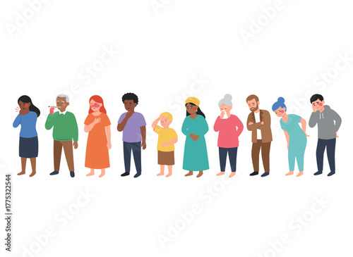 A flat, colorful vector illustration depicting a group of unhappy, ill individuals in pain, each with aches in various body parts—chest, neck, leg, back, arm—isolated against a white background