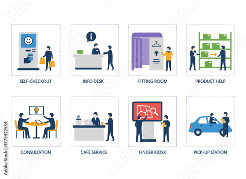Illustration of a group of visitors near commercial booths, sampling products, chatting with consultants and promoters who are advertising goods or services at a trade fair, rendered as a flat