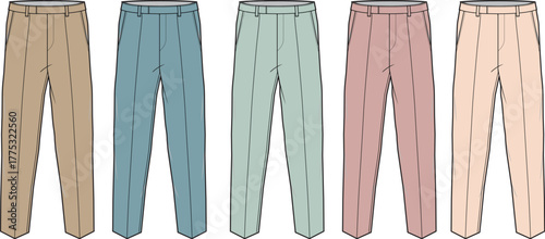 A collection of five pairs of pleated trousers in various pastel colors, displayed side-by-side on a white background