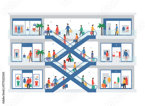 A cheerful couple holding packages inside a shopping mall, illustrated in vector style, while customers take selfies, chat, and push trolleys at a modern outlet, with shoppers spending time in the
