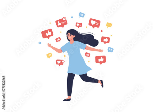 A young woman dashes, clutching notifications like lifelines, consumed by social media and craving online validation, depicted in a flat cartoon vector illustration