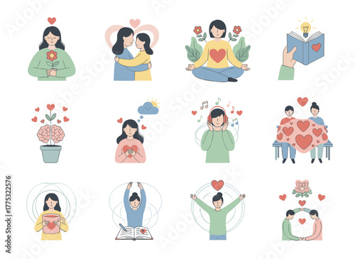Mental health and psychology concepts, self‑love, mind care, support, acceptance, happy people with a healthy mindset, psychotherapy, well‑being, flat vector illustration on a white background