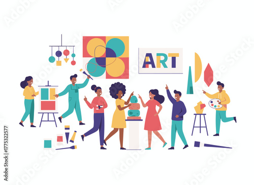 Artists and sculptors paint and sculpt in a creative residency, where men and women produce contemporary works in a modern, colorful, flat cartoon vector style