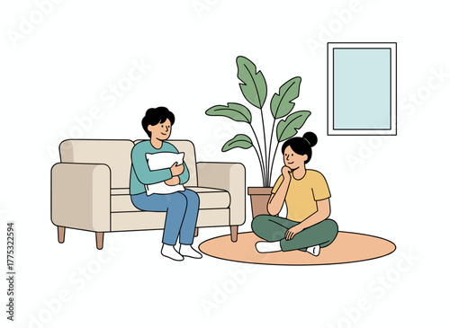 A mother and her teenage daughter converse, happily chatting while seated on the sofa at home, illustrating the concept of parent-teen communication in a flat vector style on a white background