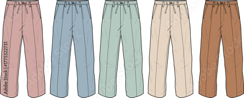 Colorful collection of stylish casual pants in a variety of soft pastel shades, fashion concepts