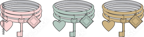 Fashionable set of three coiled charm bracelets in various pastel colors. Vector illustration of jewelry with heart, key, and diamond pendants isolated on white