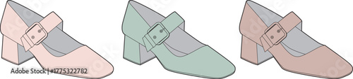 Elegant vector illustration of three classic Mary Jane block heel shoes, presented in a delightful pastel color palette, perfect for women's fashion footwear and design projects