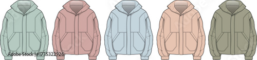 Collection of five hooded zip-up jackets in various pastel colors, displayed side-by-side for fashion and apparel presentation