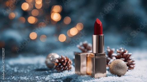 Red Lipstick in Winter's Embrace: A vibrant red lipstick takes center stage amidst a snowy scene. Surrounded by festive ornaments and soft, blurred lights.