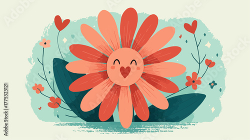 smiling cartoon flower with heart in center for women health awareness posters and feminine care campaigns