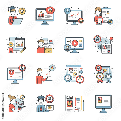Flat lay illustration of various business and productivity icons and graphics on computer screens and around people working on laptops in a clean white background with a professional and