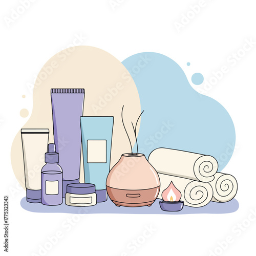 Illustration of various spa and wellness products arranged with rolled towels and an essential oil diffuser on a purple surface against a pastel background.
