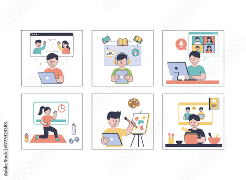 Children at home with phones and tablets: studying online, browsing social media, playing games, video chatting, and using the internet, illustrated as flat vectors on a white background