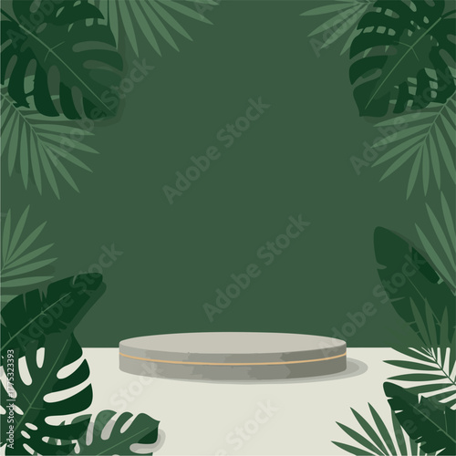 Digital illustration of a round podium with gold trim surrounded by tropical leaves on a green background with a white floor.