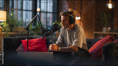 Young Male Podcaster Recording Content at Home Studio Setup in Cozy, Stylish Loft Apartment