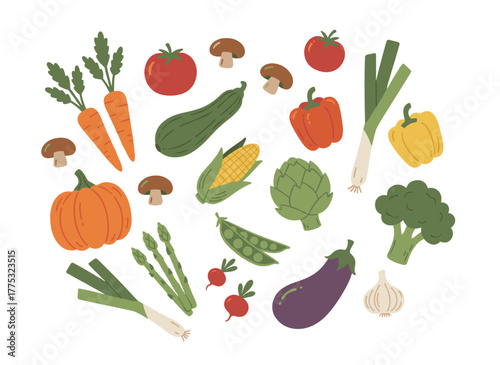 A set of hand‑drawn, colorful, fresh, and delicious vegetables, isolated against a white background, showcases a bundle of healthy, tasty vegan products—wholesome vegetarian food—in a flat cartoon