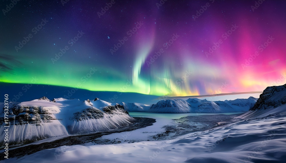 Naklejka premium Brilliant Northern Lights Within Vivid Pink Green And Purple Hues Illuminate The Frozen Arctic Landscape Of Snow Covered Ridges And Icy Formations Under A Clear Starry Night Sky
