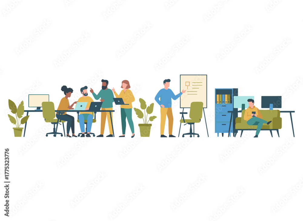 Fototapeta premium A flat, colorful vector illustration of a group of office workers seated at desks, engaging in conversations or discussions with one another