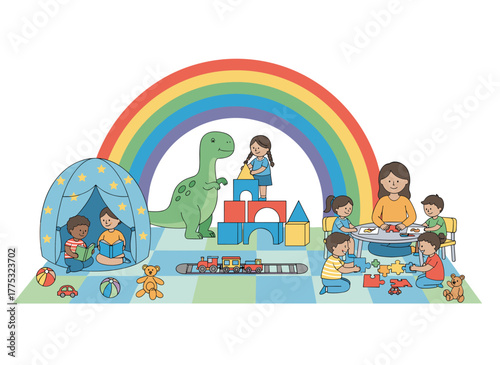 A flat vector illustration of children playing games in kindergarten and nursery playroom, engaging in indoor fun activities with a daycare teacher and preschool class
