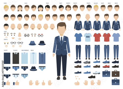 Elegant bearded man in a suit, available as an animation set or construction kit, featuring bundled body parts, poses, hairstyles, formal attire, a male cartoon character with front, side, and back