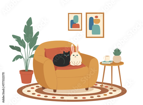 A cozy living room featuring cats perched on an armchair and ottoman, potted houseplants, and home décor, styled in Scandinavian hygge, rendered as a flat vector illustration