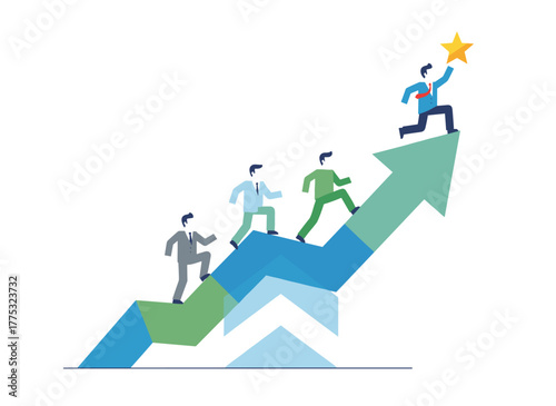 Male and female office workers, managers, or clerks ascend a chart, pursuing business goals, career progression, and professional competition, depicted in flat vector illustration
