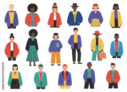 Illustration of fashionable young men and women in casual summer attire, complete with accessories and bags, presented as a colored flat vector on a white background