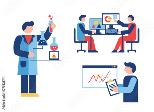 A group of scientists in laboratory research, with chemists uncovering antiviral remedies in chemical and medical labs and doctors examining samples, depicted as a flat vector illustration on a white