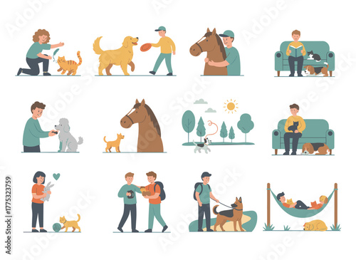 A collection of whimsical scenes featuring pet owners, showcasing men and women enjoying time with their domestic animals through walking, cuddling, and playful interactions, rendered in flat