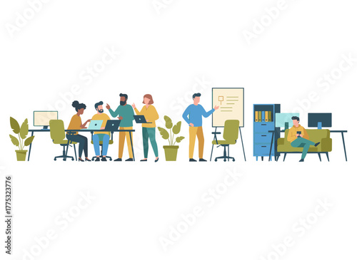 A flat, colorful vector illustration of a group of office workers seated at desks, engaging in conversations or discussions with one another
