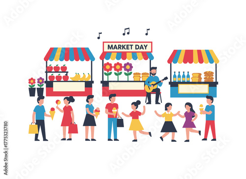 A vibrant flat cartoon vector illustration depicts an outdoor fair, market, or street food festival, with men and women strolling among stalls, kiosks, and vans, purchasing goods and chatting