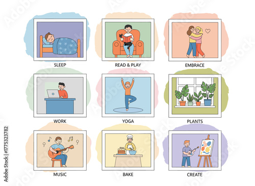 A colorful vector illustration in a modern flat style shows windows with neighbors engaging in everyday activities in their apartments—drinking tea, chatting, watering potted plants, hugging or