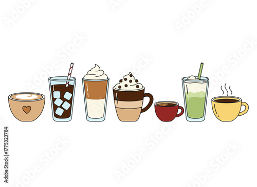 Illustrations of various hot and cold coffee drinks, including espresso, americano, cappuccino, latte in paper cups, and iced macchiato in a glass, presented as flat vector graphics on a white