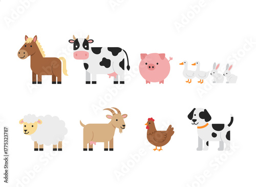 A set of farm animals, including domestic live such as horse, cow, hen, chicken, sheep, goat, pig, rabbits, and a shepherd dog, presented as a flat vector illustration on a white background